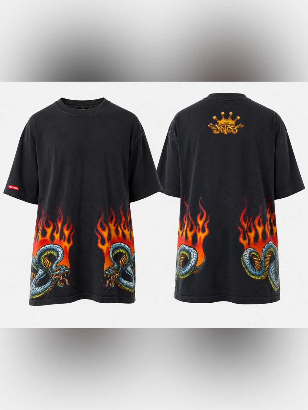 Graphic Snake & Flame Short Sleeve Shirt - Black